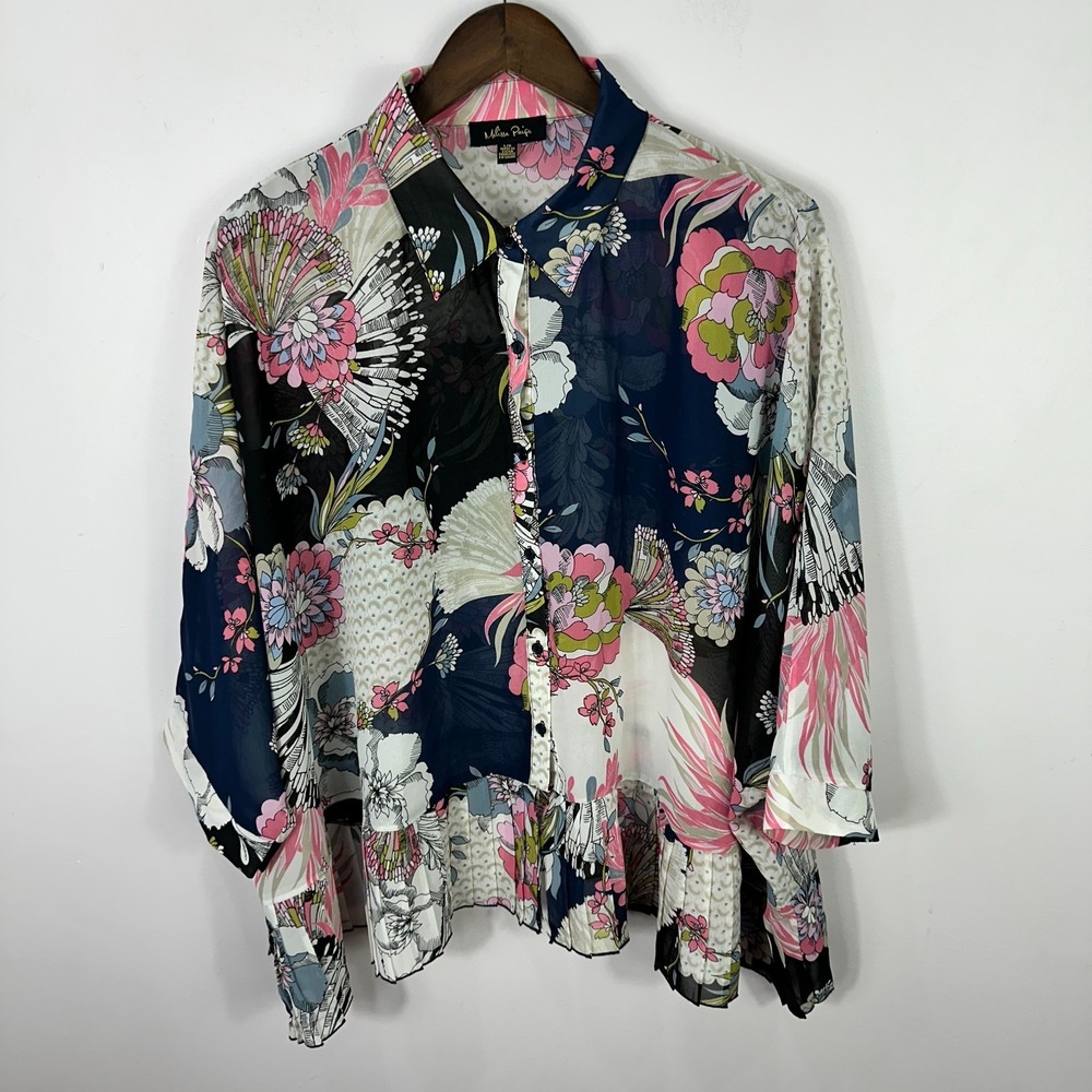 Melissa Paige Top Womens Large Oversized Floral Sheer Flowy Y2K Statement Art‎